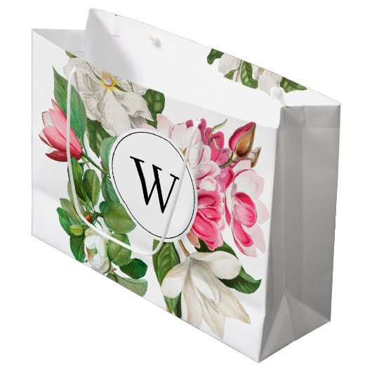 Monogram  wit en roze Magnolia Flowers Groot Cadeauzakje (Voorkant Gekanteld)