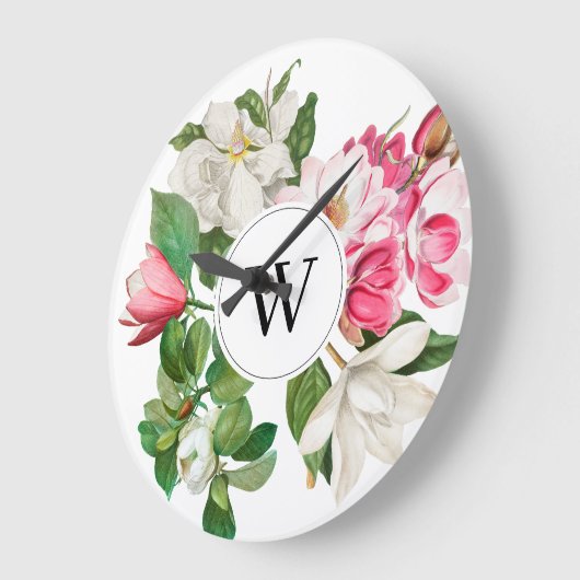 Monogram wit en roze Magnolia Flowers Grote Klok (Hoek)