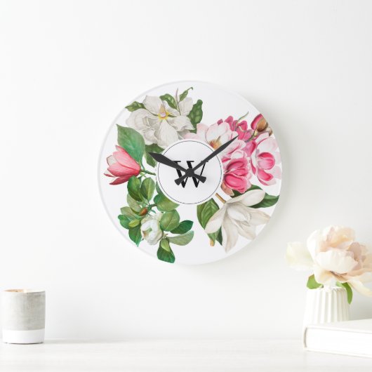 Monogram wit en roze Magnolia Flowers Grote Klok (Huis)