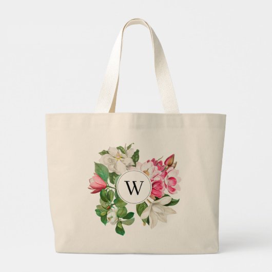 Monogram wit en roze Magnolia Flowers Grote Tote Bag (Achterkant)