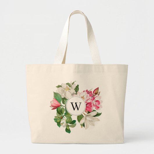 Monogram  wit en roze Magnolia Flowers Grote Tote Bag (Voorkant)