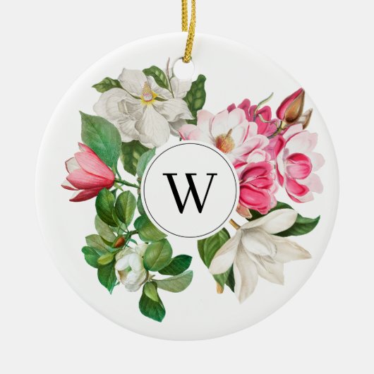 Monogram  wit en roze Magnolia Flowers Keramisch Ornament (Voorkant)