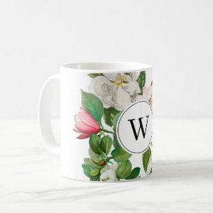 Monogram  wit en roze Magnolia Flowers Koffiemok