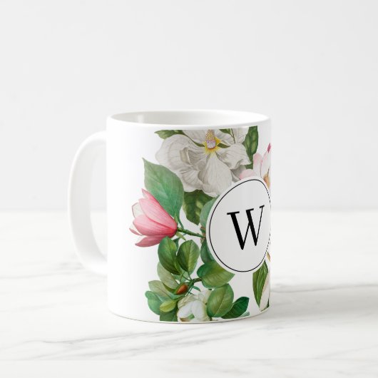 Monogram  wit en roze Magnolia Flowers Koffiemok (Voorkant links)