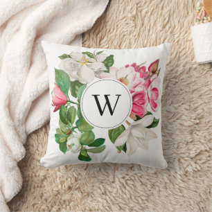 Monogram  wit en roze Magnolia Flowers Kussen