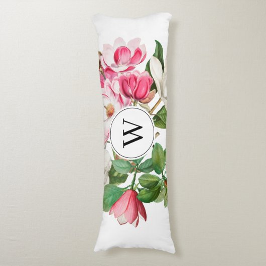Monogram  wit en roze Magnolia Flowers Lichaamskussen (Voorkant Verticaal)