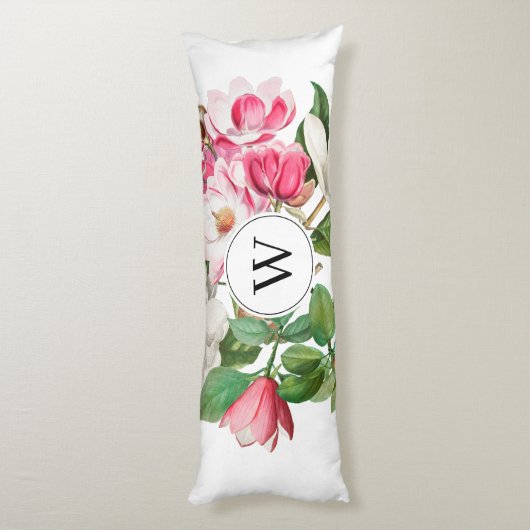 Monogram wit en roze Magnolia Flowers Lichaamskussen (Achterkant (Verticaal))