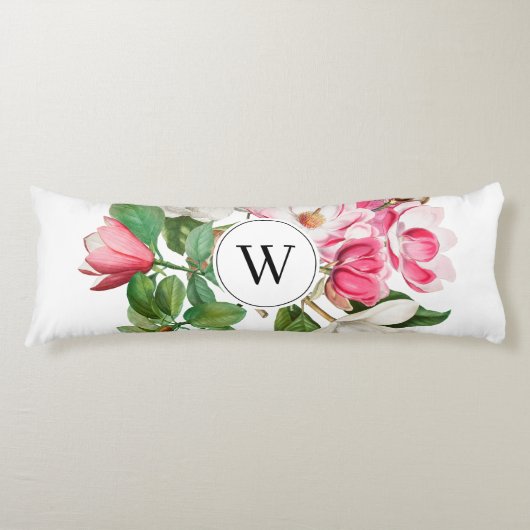 Monogram  wit en roze Magnolia Flowers Lichaamskussen (Voorkant)