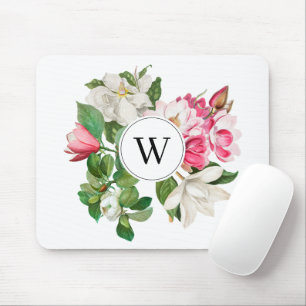 Monogram  wit en roze Magnolia Flowers Muismat