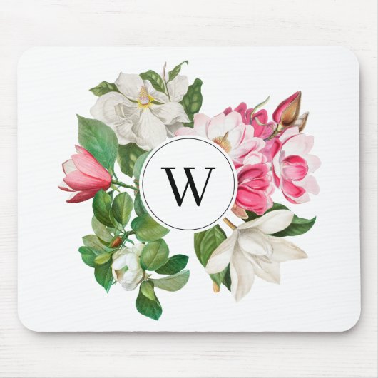 Monogram  wit en roze Magnolia Flowers Muismat (Voorkant)