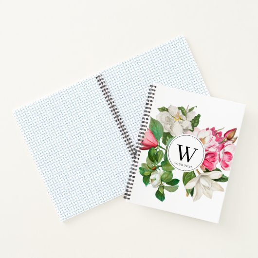 Monogram  wit en roze Magnolia Flowers Notitieboek (Binnen)
