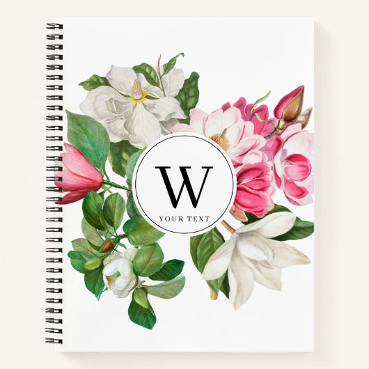 Monogram  wit en roze Magnolia Flowers Notitieboek (Voorkant)
