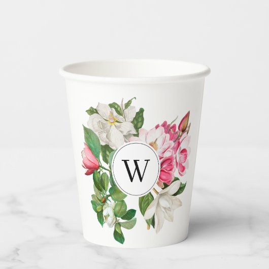 Monogram  wit en roze Magnolia Flowers Papieren Bekers (Achterkant)