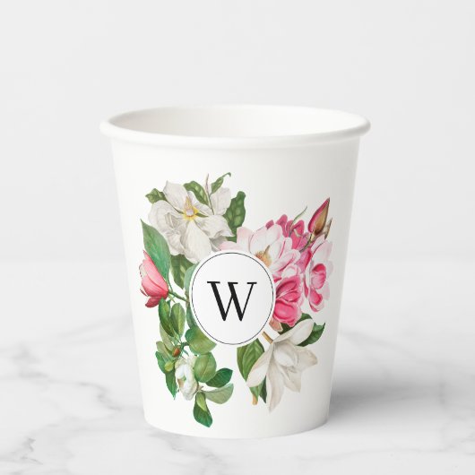 Monogram  wit en roze Magnolia Flowers Papieren Bekers (Voorkant)