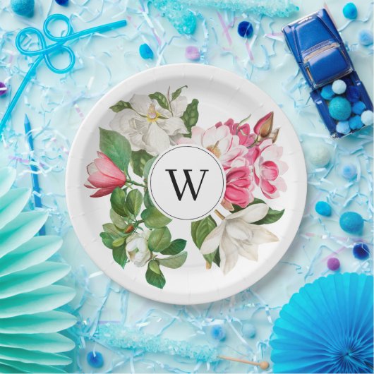 Monogram  wit en roze Magnolia Flowers Papieren Bordje (Feest)