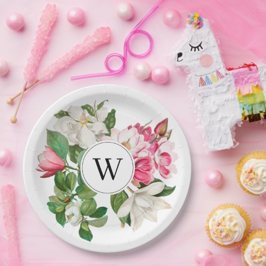Monogram  wit en roze Magnolia Flowers Papieren Bordje (Feest)