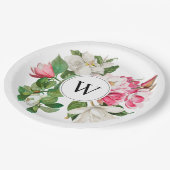 Monogram  wit en roze Magnolia Flowers Papieren Bordje (Gekanteld)