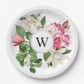 Monogram  wit en roze Magnolia Flowers Papieren Bordje (Voorkant)