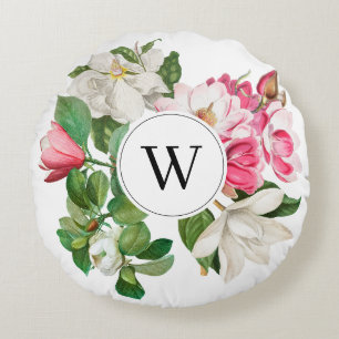Monogram  wit en roze Magnolia Flowers Rond Kussen