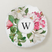 Monogram  wit en roze Magnolia Flowers Rond Kussen (Achterkant)