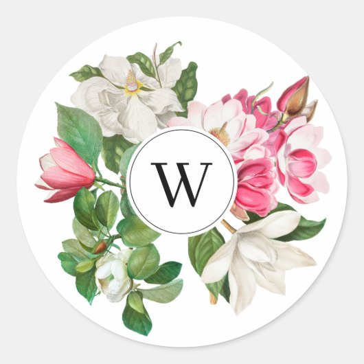 Monogram  wit en roze Magnolia Flowers Ronde Sticker (Voorkant)