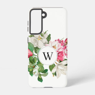 Monogram  wit en roze Magnolia Flowers Samsung Galaxy Hoesje