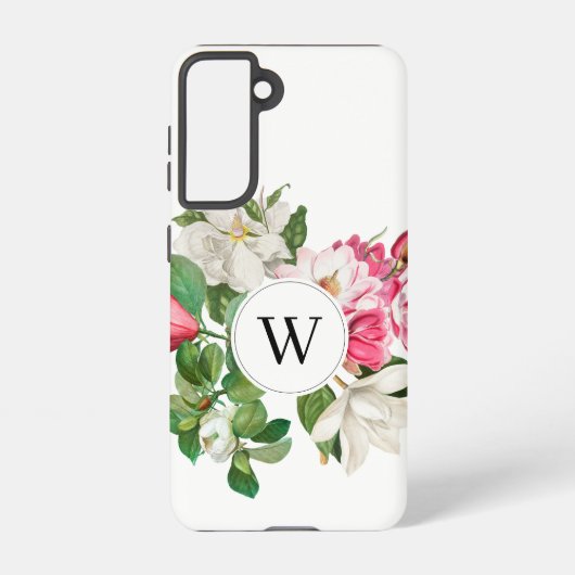 Monogram wit en roze Magnolia Flowers Samsung Galaxy Hoesje (Achterkant)
