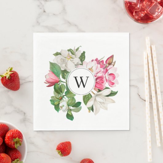 Monogram  wit en roze Magnolia Flowers Servet (Insitu)