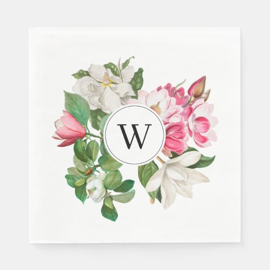 Monogram  wit en roze Magnolia Flowers Servet (Voorkant)