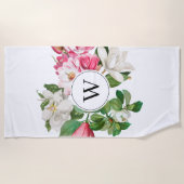 Monogram wit en roze Magnolia Flowers Strandlaken (Voorkant)