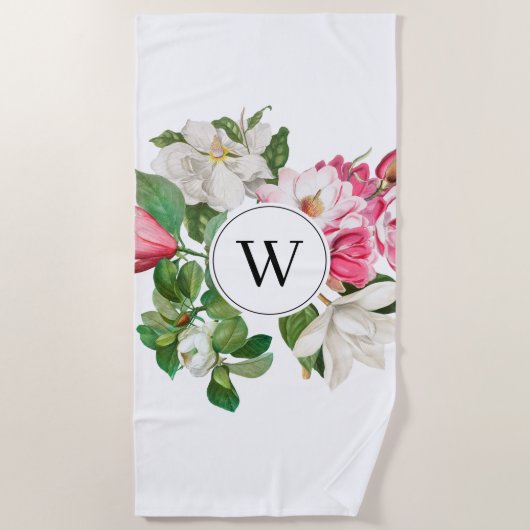 Monogram wit en roze Magnolia Flowers Strandlaken (Voorkant)