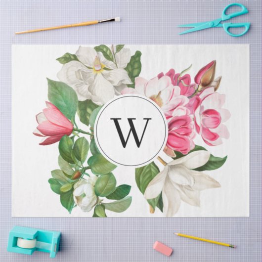 Monogram  wit en roze Magnolia Flowers Tissuepapier (Craft)