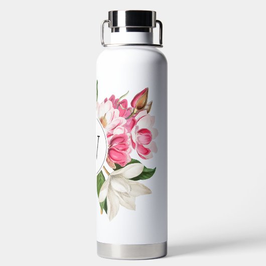 Monogram wit en roze Magnolia Flowers Waterfles (Achterkant)
