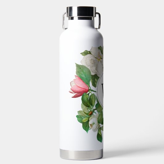 Monogram  wit en roze Magnolia Flowers Waterfles (Voorkant)