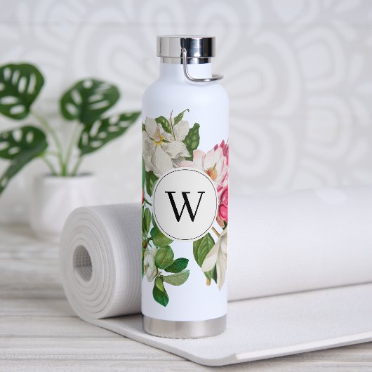 Monogram  wit en roze Magnolia Flowers Waterfles (Yoga)