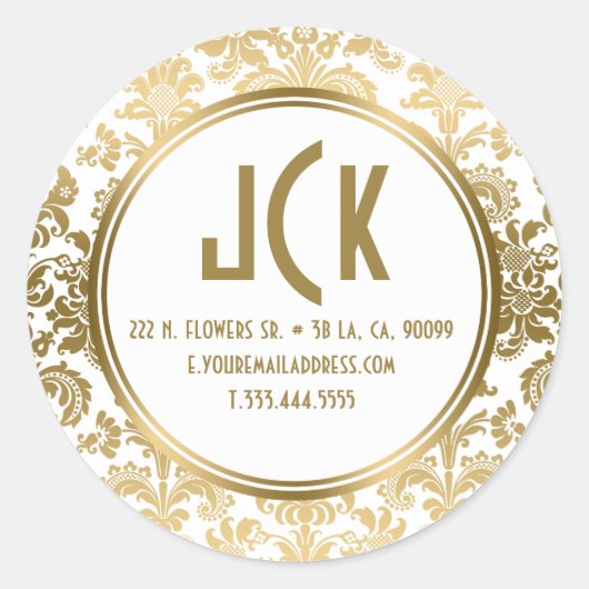 Monogram Wit & Goud Bloemen Damasks Patroon Ronde Sticker (Voorkant)