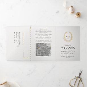 Monogram wit goud zwart bruiloft maaltijd RSVP kaa Drieluik Uitnodiging