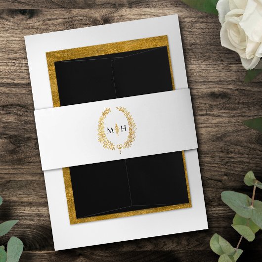 Monogram wit goud zwart ovaal blad uitnodigingen wikkel