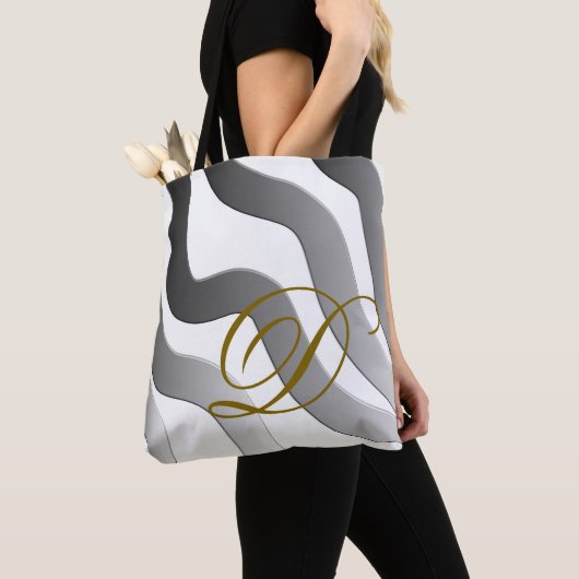 Monogram wit grijs gouden gradiëntlijn abstract tote bag (Dichtbij)