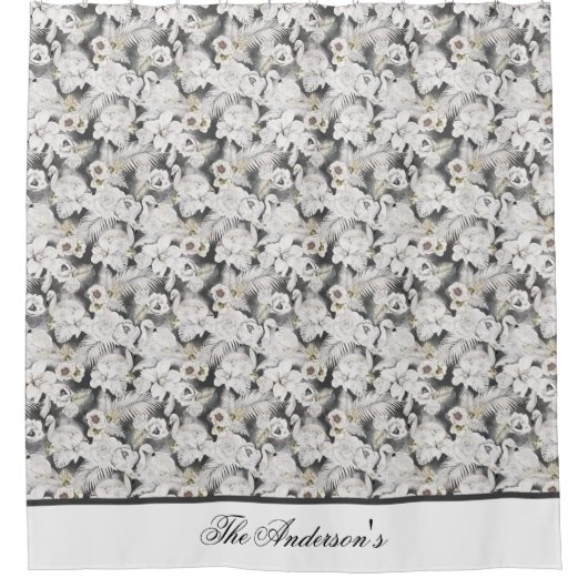 Monogram Wit Grijs Zwaan Bloem Elegant Stijlvol Douchegordijn (Voorkant)