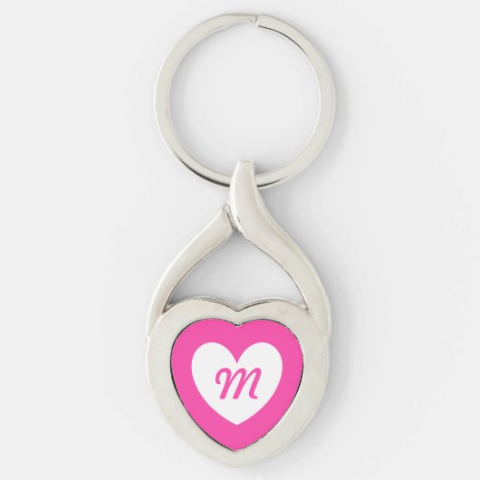 Monogram wit hart op fuchsia roze sleutelhanger (Voorkant)