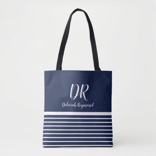 Monogram Wit Horizontale Strepen elegant blauw Tote Bag (Voorkant)
