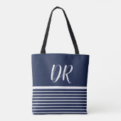 Monogram Wit Horizontale Strepen elegant blauw Tote Bag (Achterkant)