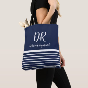Monogram Wit Horizontale Strepen elegant blauw Tote Bag