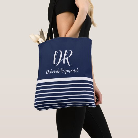 Monogram Wit Horizontale Strepen elegant blauw Tote Bag (Dichtbij)