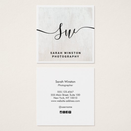 Monogram wit houthandschrift vierkante visitekaartjes (Voorkant /achterkant)