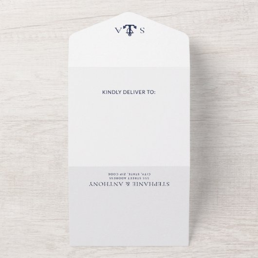 Monogram Wit, Marine Blauw Nautisch Anker Bruiloft All In One Uitnodiging (Buitenkant)
