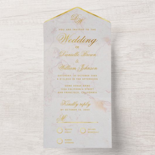 Monogram wit marmer faux goud elegante bruiloft A All In One Uitnodiging (Binnen)