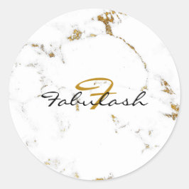 Monogram Wit Marmer Goud Glitter Naam Rond Ronde Sticker