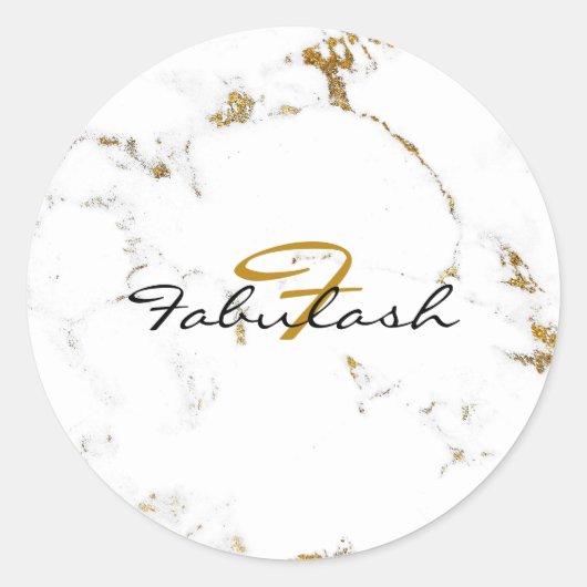 Monogram Wit Marmer Goud Glitter Naam Rond Ronde Sticker (Voorkant)